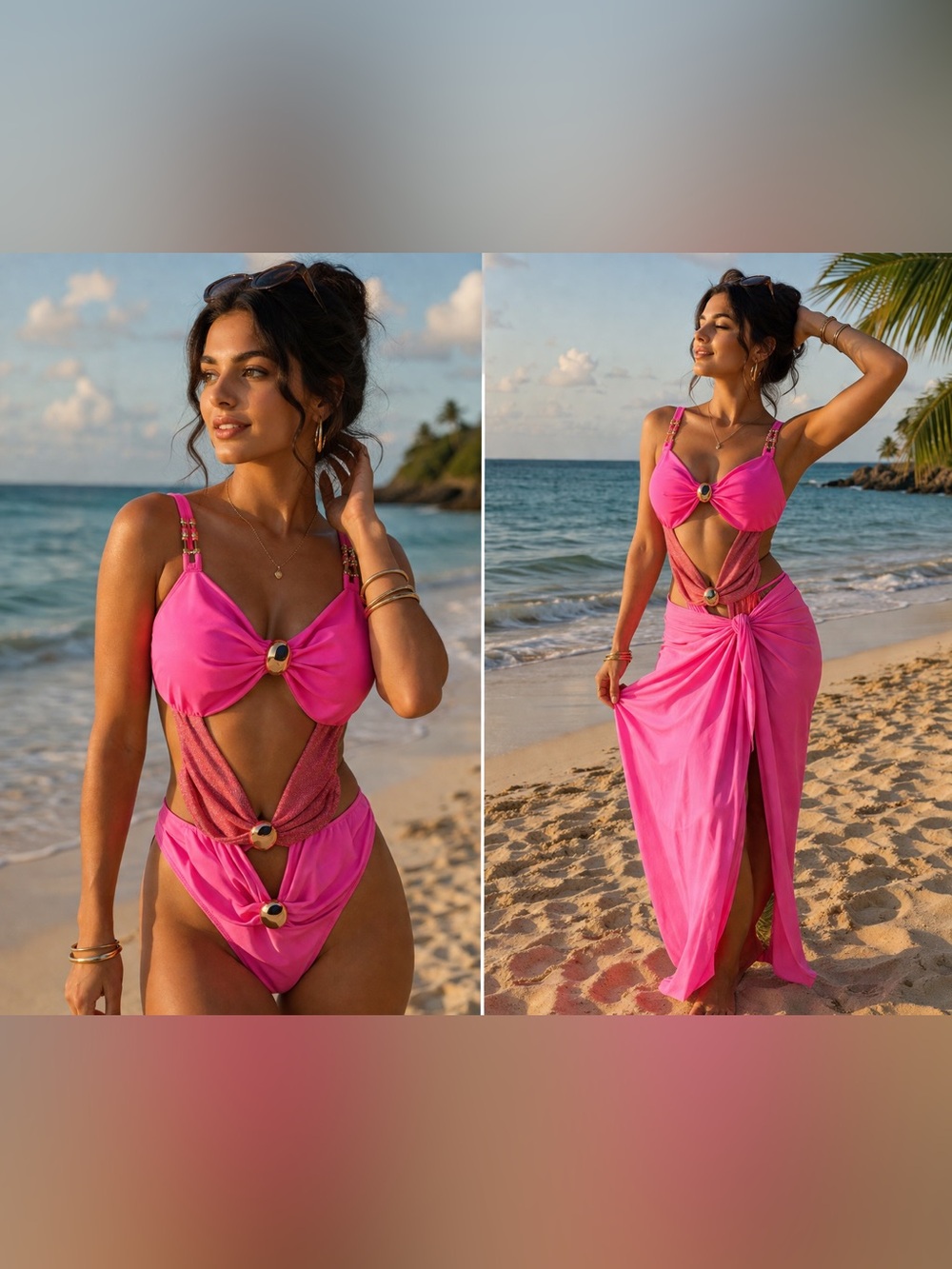 Pink Cutout One-Piece Swimsuit with Gold Rings - Women Swim